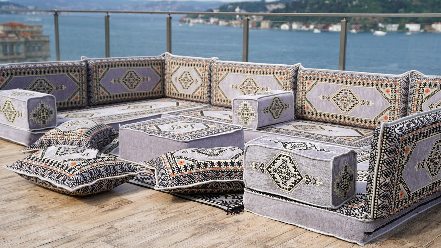 Gray Corner Sofa Seating Set, U Shaped Arabic Sofa Set