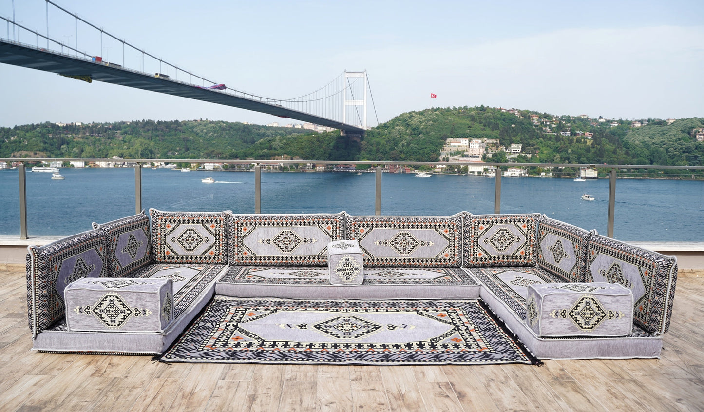 Gray Corner Sofa Seating Set, U Shaped Arabic Sofa Set