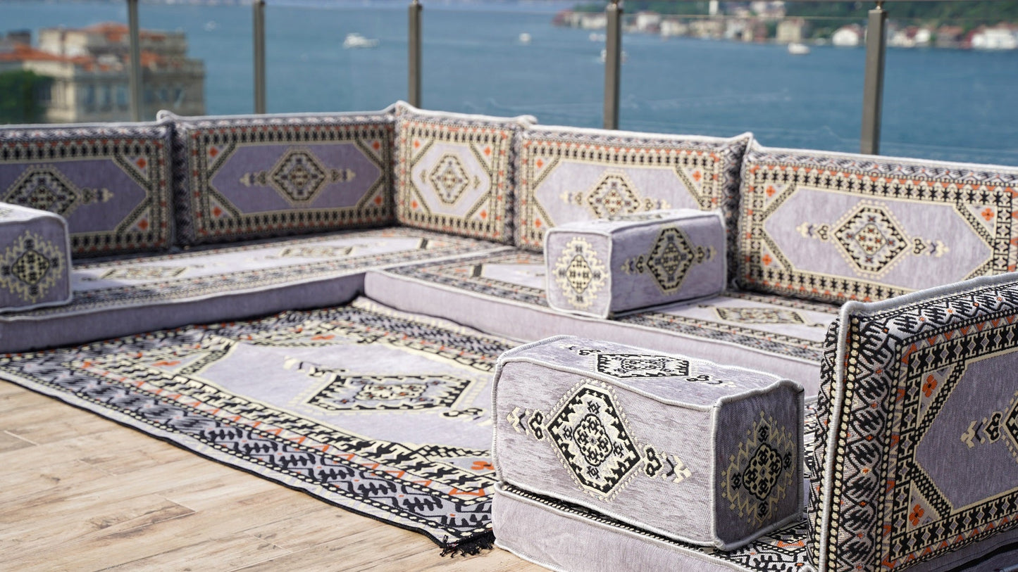 Gray Corner Sofa Seating Set, U Shaped Arabic Sofa Set