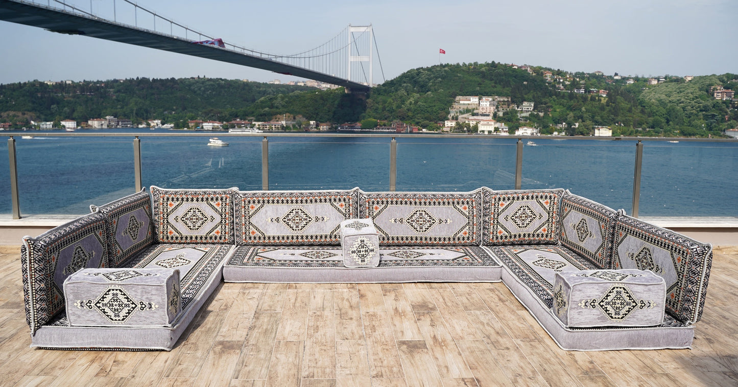 Gray Corner Sofa Seating Set, U Shaped Arabic Sofa Set