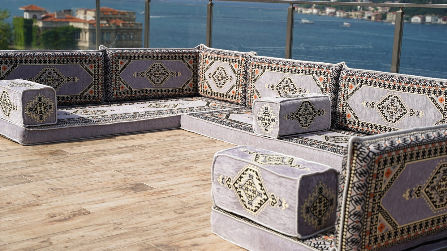 Gray Corner Sofa Seating Set, U Shaped Arabic Sofa Set
