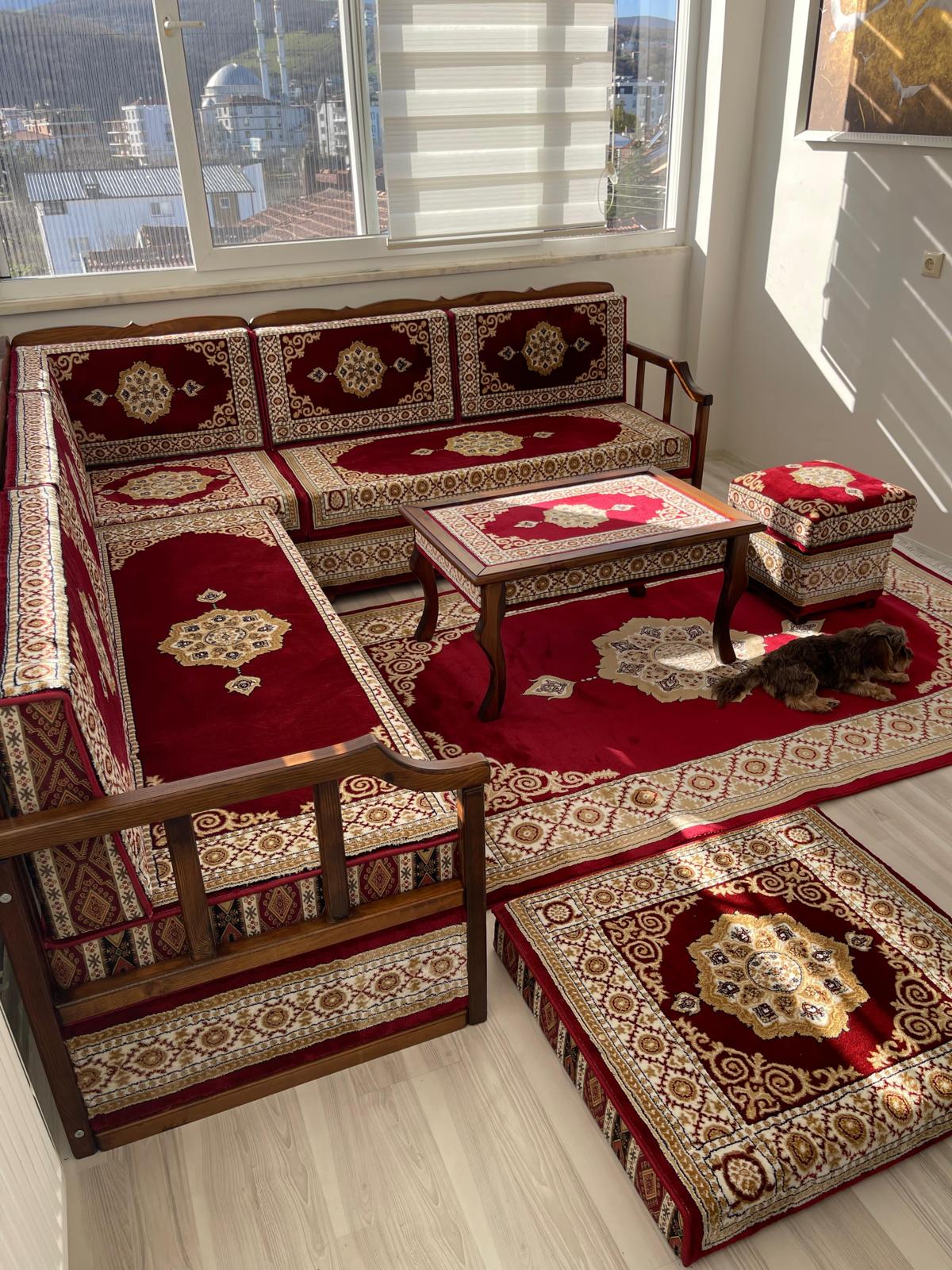 Red Turkish Rug Carpet Wooden Bench Sofa