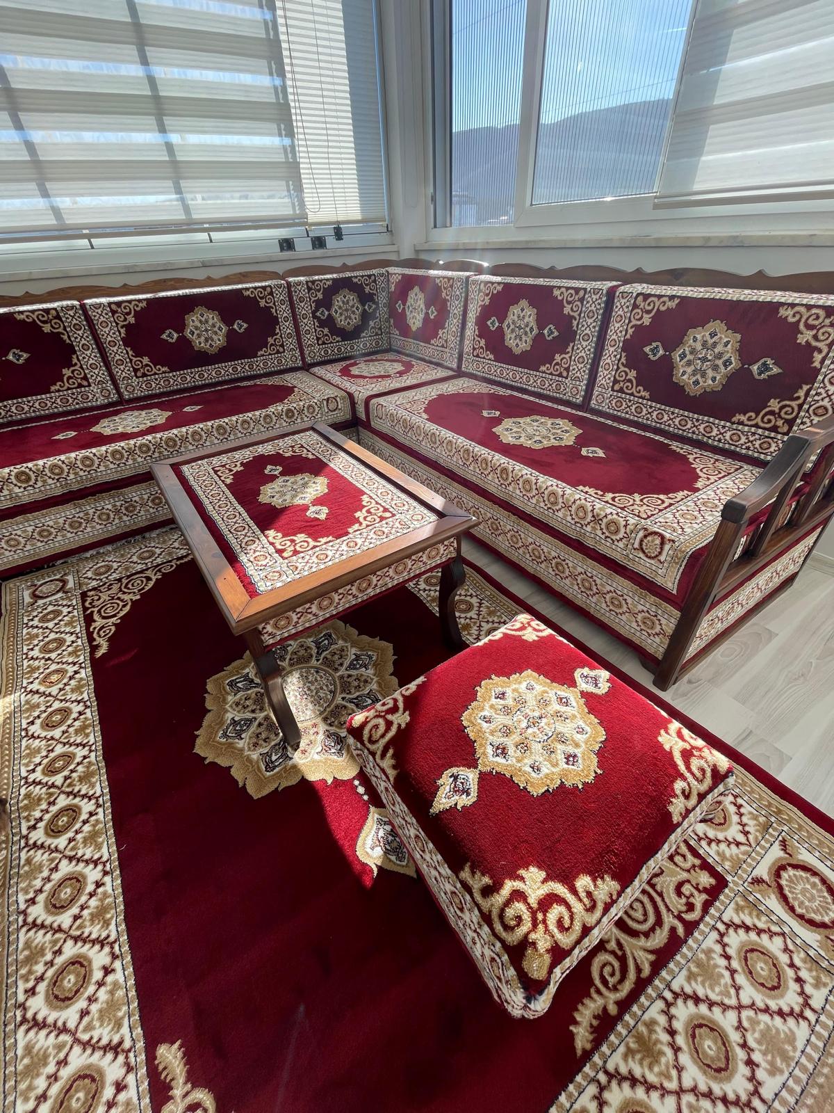 Red Turkish Rug Carpet Wooden Bench Sofa